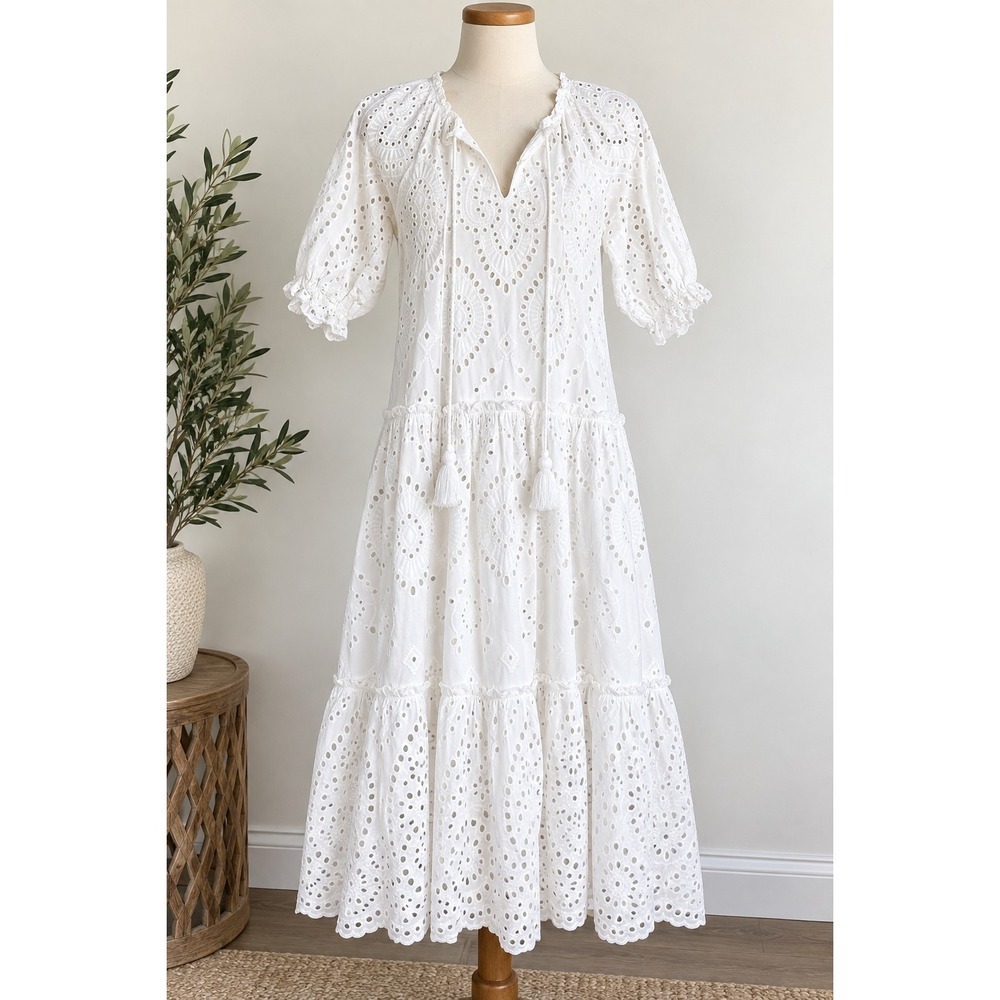 OPT O.P.T. White Eyelet Midi Dress XS Cotton Boho Tiered Puff Sleeve Tassel
